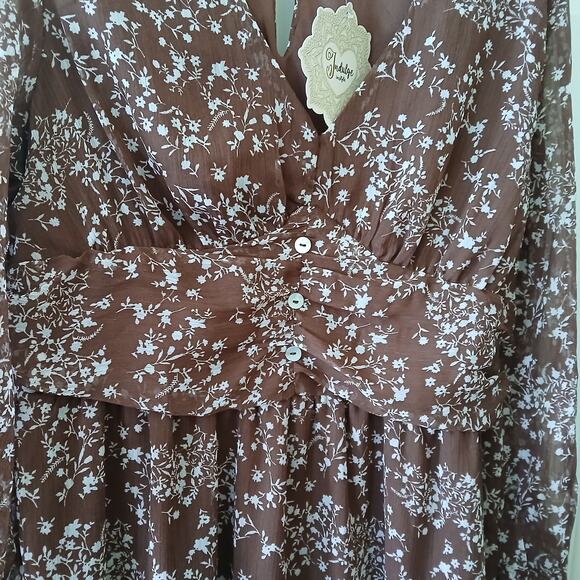 Indulge Instyle Dress Womens XL Brown A-line Floral Long Sleeve Chiffon Coquette - Picture 5 of 16